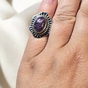 Charoite Purple Gemstone Ring 925 Sterling Silver Vintage Size 5 Statement